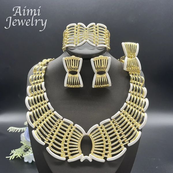 Italienisch Dubai 18K Gold plattiert Schmuck Set Frauen Halskette Ohrringe Armband Ring Afrika Braut Hochzeitsfeier Accessoires Geschenke 240425