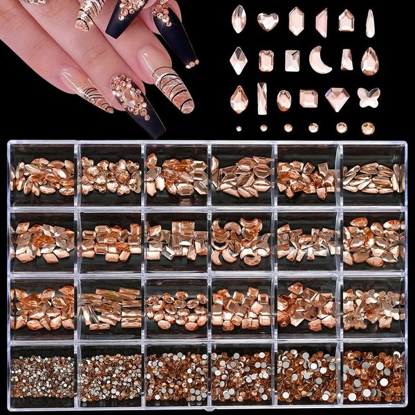 12GRIDS Champagne Crystal Diamonds 2400pcs Nail Art Стуки Fix Flatback Glass Gems смешанные формы роскошные голени Shinny 240426