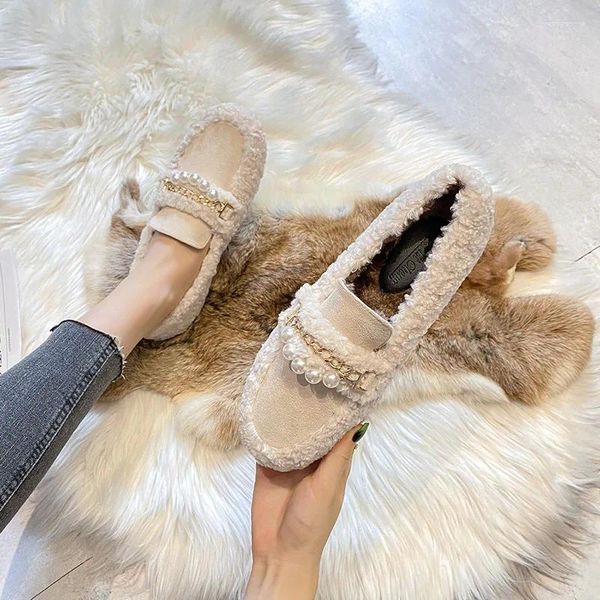 Sapatos casuais Luxury Pearl Strings Fel Flats Woman Metal Corrents Decoração de Lambfur Sneakers 34-43 Big Size Plexho