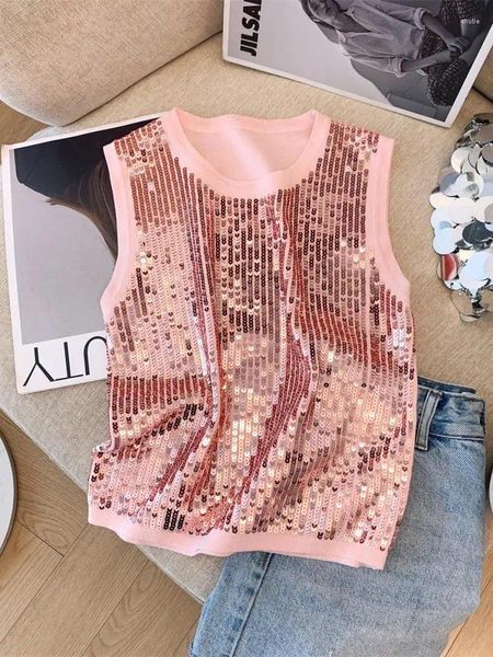 Frauen Tanks schwarzer Beige High -End -Paillistin gestrickte ärmellose Tops 2024 Sommer Retro Pink Elegant Urlaubsweste Y2K