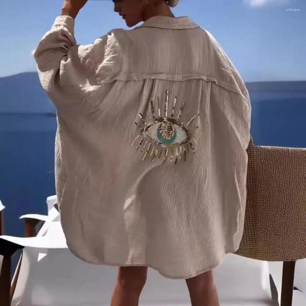 Kadın bluzları yaz gündelik pullu göz gömleği elbise kadın moda plaj tarzı gevşek düğme güneş koruma pamuk keten