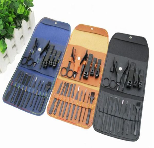 16 PCS Conjunto de cortadores de unhas Conjunto de manicure Kit de fingernail Clippers Pedicure de aço inoxidável preto com estojo de couro para fingern4215434