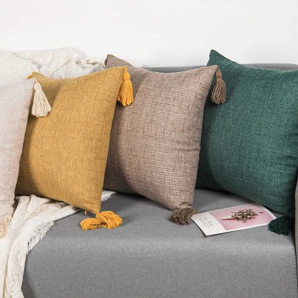 Cuscino/decorativo cover cuscino da 18x18 pollici di cuscino in lino Cover di colore solido decorativo s con nappe per il divano della camera da letto