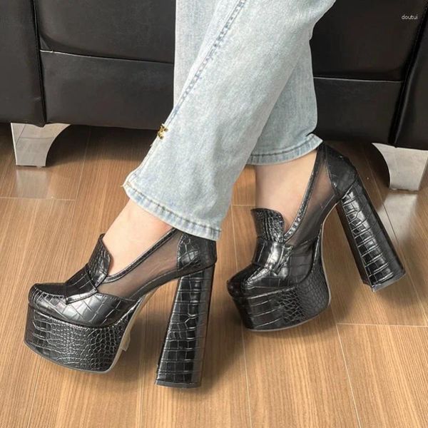 Kleiderschuhe 2024 Frauenplattform Pumpen Crocodille Chunky High Heels Charme rund Zeh schöne schwarze Party Damen plus US-Größe 5-20