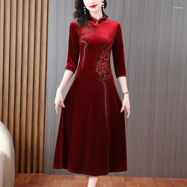 Vestidos casuais 2024 Autumn e Winter Diamond Velvet Melhor Cheongsam Dressam Mother Toasting