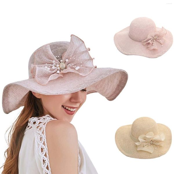 Chapéus largos de largura Chaves femininas de verão Floral Rhinestone Beach Sun Hat estilo coreano Panamá de protetor solar dobrável