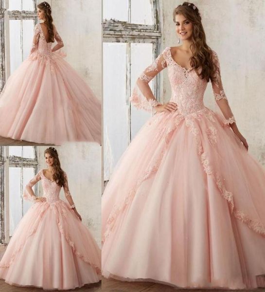 Eleganti abiti da ballo a maniche lunghe rosa per bambini 2019 abiti da ballo da palla da principessa gonfia vestiti dolci a 16 vestiti alette da pizzo 7268460