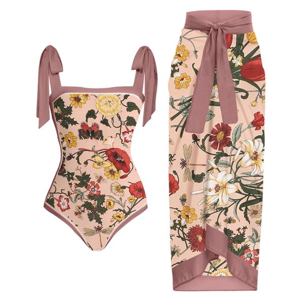 Abiti di costume da bagno con nuoto con stampa rosa lotus in vita alta con il collo quadrate retrò bikini sexy da bagno sexy e gonna da spiaggia alla moda 2022