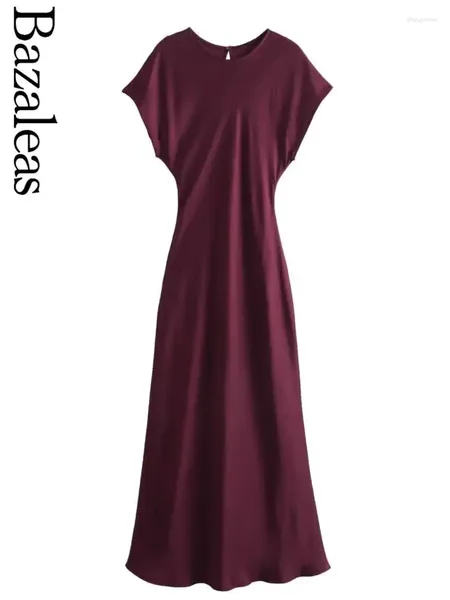 Abiti per feste 2024 Bazaleas Elegante Vino rosso abito midi di raso sexy come seta Long for Women Fashion Evening