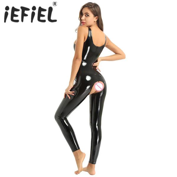 Opener sexy Frauen Latex Overall Catsuit Dessous nasse Look aus Leder ärmellose offener Schritt Bodysuit Pole Rave Evening Clubwear Kostüme