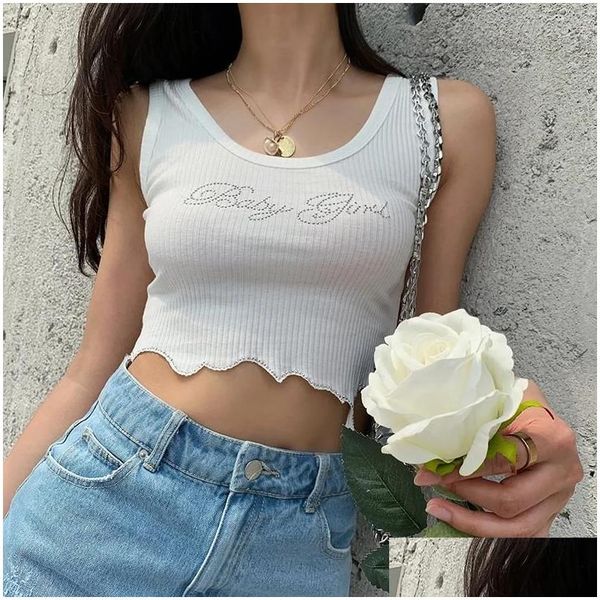 Camisoles Tanks Tops Baby Girl Paillettenschwarz weiße Ernte Obert Oberbedeckung mit ärblichen ärmellose tee Frauen Vintage Bralette weibliche Sommer lässige Ta otqsr