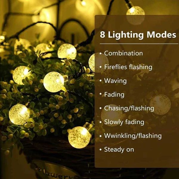 Decorações de jardim Globo solar Luzes de cordas LED 60 LED 8 Modos de iluminação Garland de Natal de Fairy Light para decoração de festa de jardim 1PC/2PCS