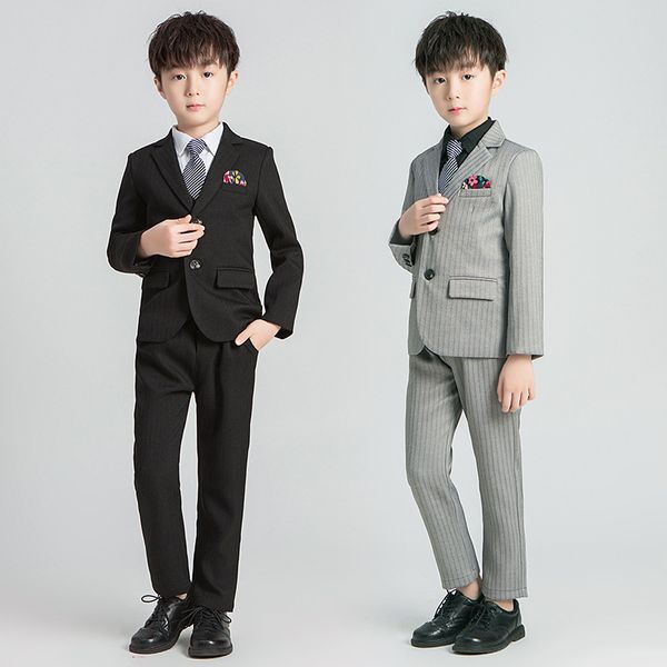 Meninos e adolescentes da primavera e do outono infantis preto e cinza listrado de terno pequeno conjunto de cinco peças (terno + coistia + calça + gravata + camisa)