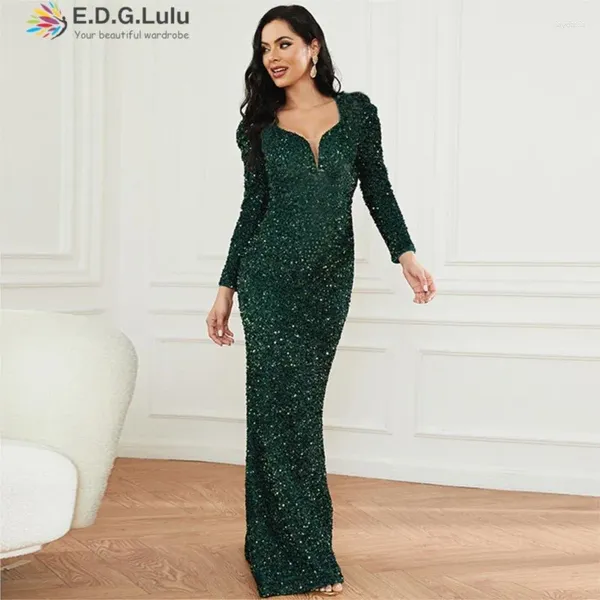 Vestidos casuais edglululu sexy com-decote em videira de lantejoulas verdes de longa data para mulheres de luxo 2024 Elegant Mermaid Party Night 1209