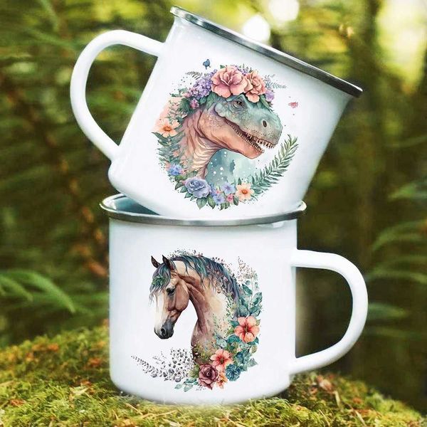Canecas Dinosaur Horse Flor Flor Impressa Copa Creative Coffee Cuple Camping Campfire Cup Hanking Cup Family Childrens and Friend Gifts J240428