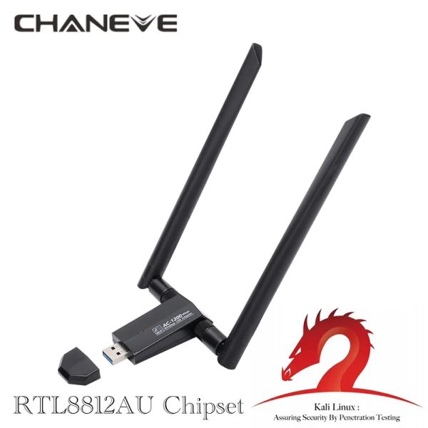 Karten Chaneve Kali Linux WiFi Dongle RTL8812AU Chip Dual Band 1200 Mbit / s Wireless USB -Adapter USB3.0 -Netzwerkkarte mit Dual 5DBI -Antenne