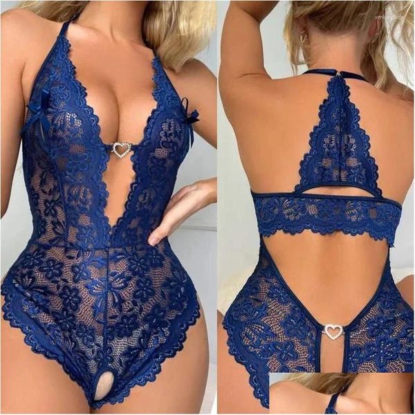 Roupa de sono feminino de uma peça de roupa de encaixe fechado de renda transparente y Vil sem grifes de lingerie aberta mini entrega de gota curta appa otjlo