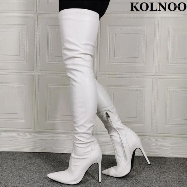 Botas Kolnoo Classic Ladies Steletto Heel Destas da coxa Festa de casamento Prom White Faux Leather Over Knee Fashion Shoes