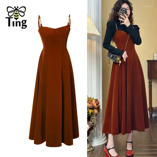 Abiti casual Tingfly Donne inverno Autunno vintage Elegante Sleeveless Cingcio A Line Midi Long Velvet Dress Lady Chic Vestidos Streetwear