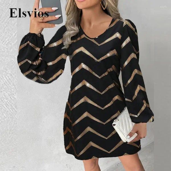 Lässige Kleider Frauen elegante Laternenhülle Party Kleid Fashion Office Mini Retro Gold Wave Striped Patchwork Lose A-Line