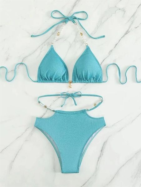 Costumi da bagno da bagno lucido lucido blu bikini per le perifulini perle perle cacciatore a triangolo senza schienale swimsuit y2k vacanza da donna highwaist spiaggia da bagno in spiaggia