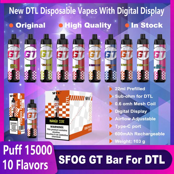 SFOG Nuovo soffio 15000 Vape usa e getta GT Bar 15000 GUF 15K DTL Vaper E Display LED di sigaretta Shisha Vape penna 22ml Pod 10 gusti Vs Al Elf Fakher 20000 20k 18K 12000 12k