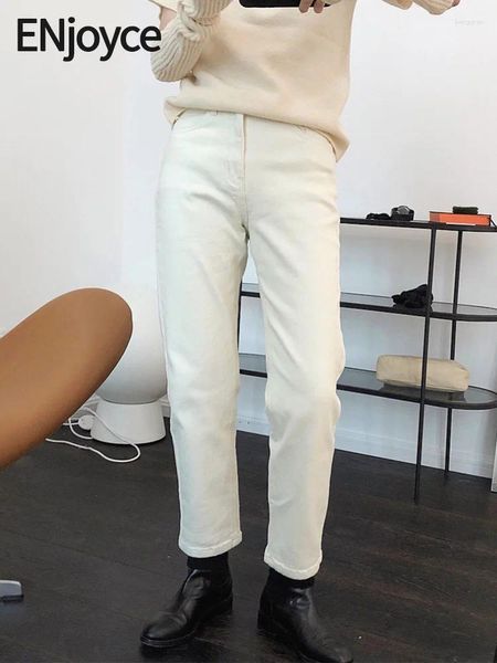 Jeans femminile divertimento inverno donne invernali in alto in vita bianco vintage slim dotato di jeans pantaloni coreani da lavoro da lavoro da lavoro da lavoro