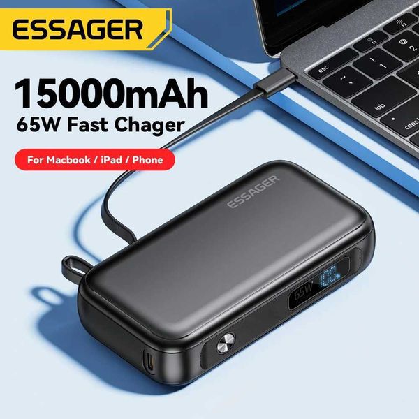 Банки питания сотового телефона Essager Power Bank Portable 15000 мАч со встроенным кабелем USB C и внешним резервным аккумулятором подходит для iPhone iPad MacBook 65W Fast Charge