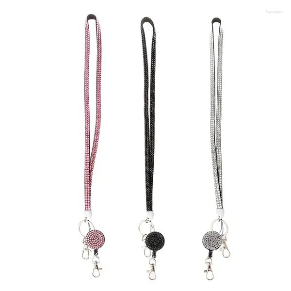 Schlüsselanhänger 3pcs Pack 32 -Zoll rund um Bling Crystal Leder Neck -Gurte Lanyard W/Retactable Abzeichenrolle für ID -Schlüsselhalter