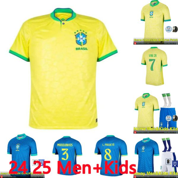 Brasile Soccer Jersey 2024 Copa America Cup Neymar Rodrygo Vini Jr National Team 24/25 Versione a casa in trasferta Uomini per bambini Shirt Football Fan Fans Rescing Kit