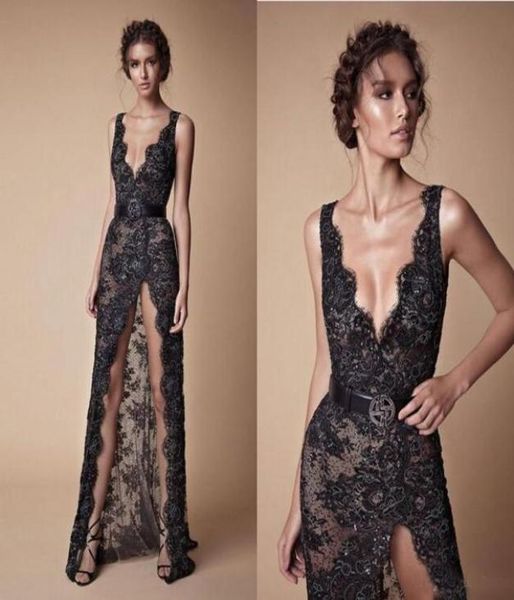 Modern Sexy Black Lace Black Split Prom Party Dresses 2018 Fashion Vneck Sexy Long Long Berta Evening Ocidental Vestidos7229134