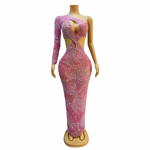 Bühnenbekleidung blinkender Abend Geburtstag Feiern Sie rosa Strasssteine hohl Taille Transparent Kleid Kostüm Sexy Fancy Outfit Sirong