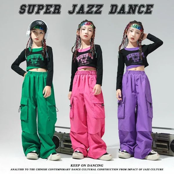 Childrens Street Dance Fashion Suits Mädchen Jazz Performance HipHop Kleiderfarbe passende coole Weitbeinhose Drop 240426