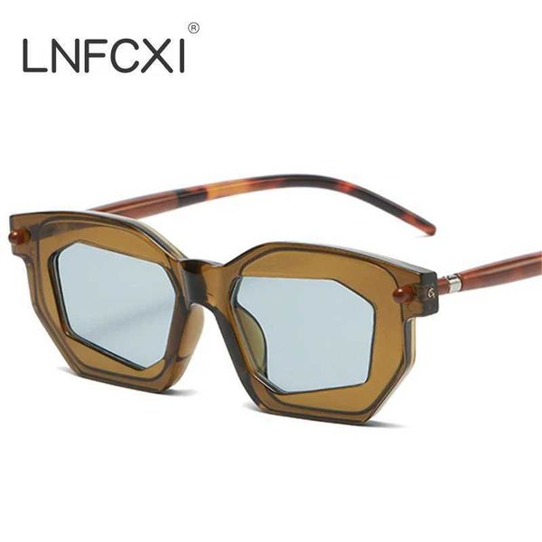 Óculos de sol Lnfcxi New Polygon Women Women Double Color Glasses Sunglasses Fashion Lens Clear Glasses Frame Men rebite os óculos de sol exclusivos UV400 T240428