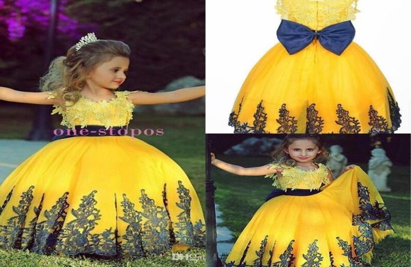 Vintage Yellow Princess bodenlange Ballkleider Mädchen Festzugskleider Blumenmädchenkleid für Hochzeiten Spitzen Applikationen Geburtstagsfeier 9623610