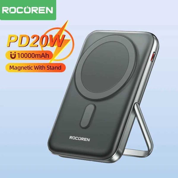 Mobiltelefon -Strombanken Rocoren Magnetic Power Pack 10000mAh PD20W USB Typ C wiederaufladbare tragbare Strompackung mit dem für das iPhone geeigneten Ständer für iPhone 15 J240 geeignet