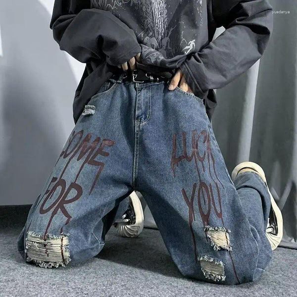 Calça masculina Y2K Roupas High Street Hip Hop Letra angustiada Carta angustiada Jeans Men Moda Marca reta Leg Wieleg Loose Casal