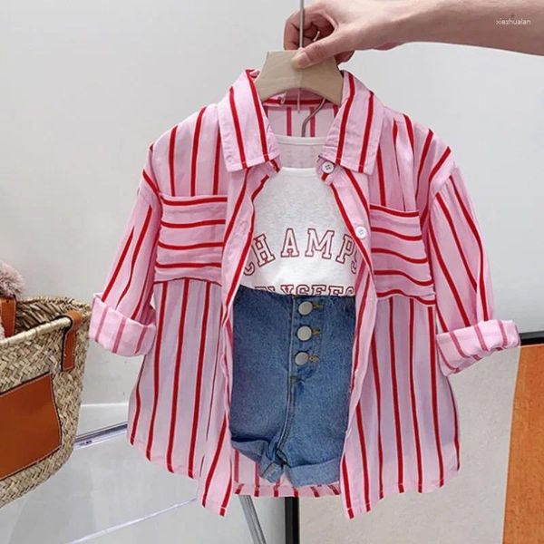 Set di abbigliamento per bambini abiti da ragazza estate 3 pcs set per bambini in edizione coreana in edizione solida fodera camicia a maniche lunghe a strisce pantaloncini in denim