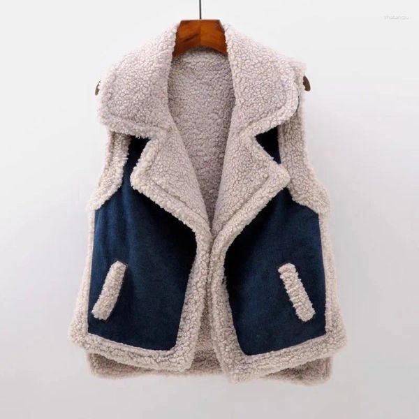 Frauenwesten Winter Lambsweool Liner Spleißen Denim Frauen Kurz Cowboy Weste Coat Vintage Navy Blue Ärmeln Jeans Weste Jacke Frauen