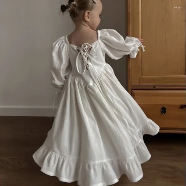 Vestidos de menina 2024 Ins Girls Girls Cotton Dress Dress White Disc Neck Sleeve Puff Lolita Princess Birthday Party Vestidos Elegante Crianças