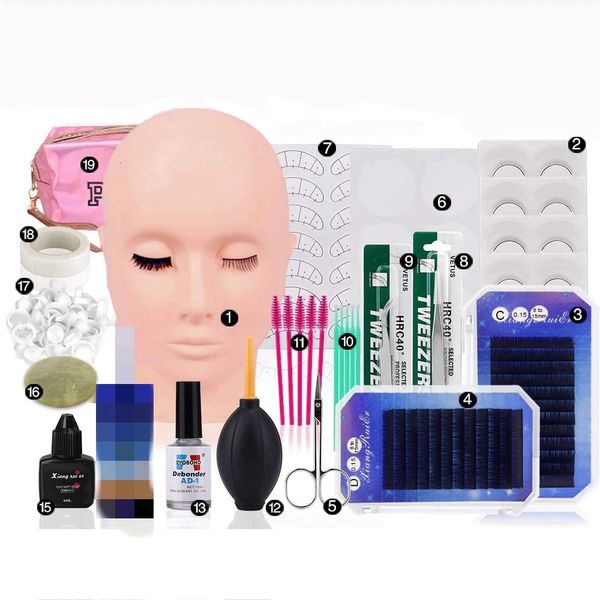 19pcs Übung Falsches Wimpern Erweiterungstraining Set Make -up -Trinken -Augenwimpern transplantieren Augenpolster Pinzetten Schaufensterpuppen Head Kit 240419