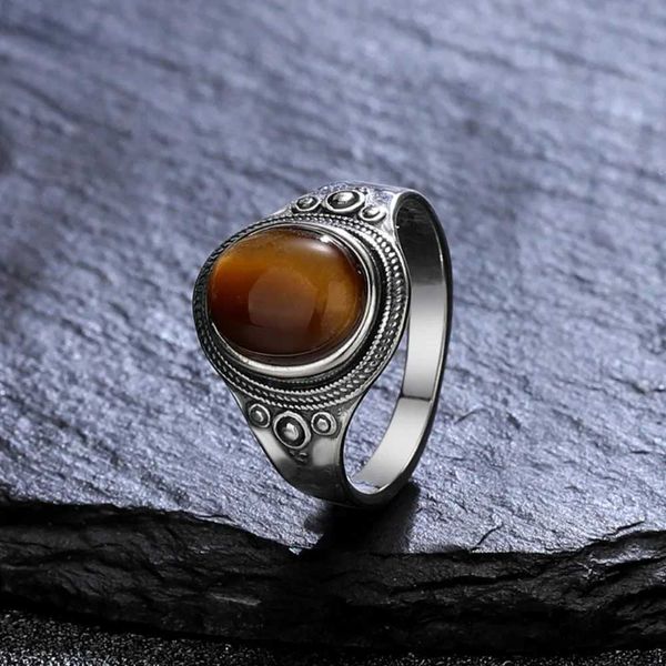 Anéis de banda Sterling Silver 925 Ring Natural 8 * 10mm Tiger Eye Stone Ruby Ring Mens Party Gift Requintado Jóias Q240427