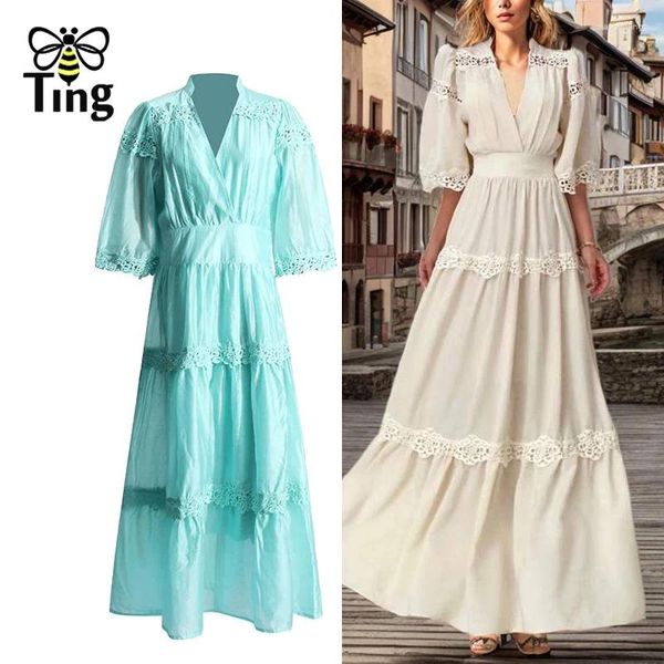 Vestidos de festa Tingfly Women Summer Moda Moda de cor sólida Lace retchwork Dress Lady Lady High-Weck-deco