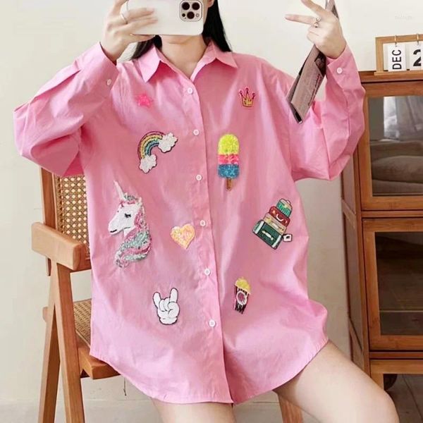 Camicette da donna camicia da donna di grandi dimensioni graziose appliques con paillettes di cartone animato camicie rosa camicie lunghe per giovani ladies party nz331