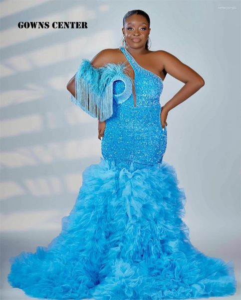 Abiti da festa piume blu velluto paillettes una spalla aso ebi ballo di tulle di tulle addestrare abito africano abito da sera nero da donna nera