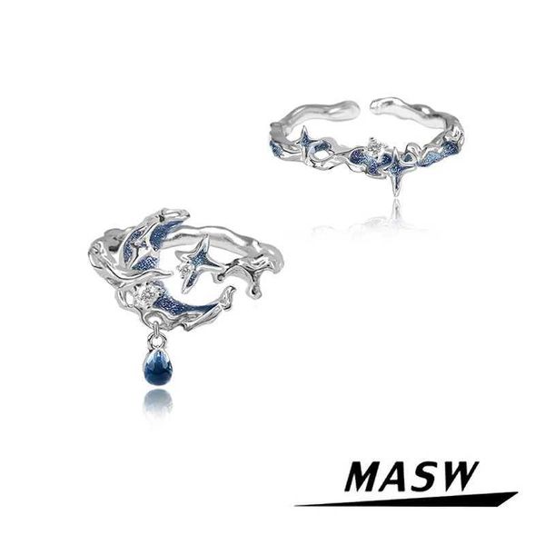 Ряд кольца MASW Оригинальный дизайн прохладный высококачественный медный серебряный серебряный серебряный кольцо с серебристыми звездами кольцо женского украшения свадебный подарок Q240427