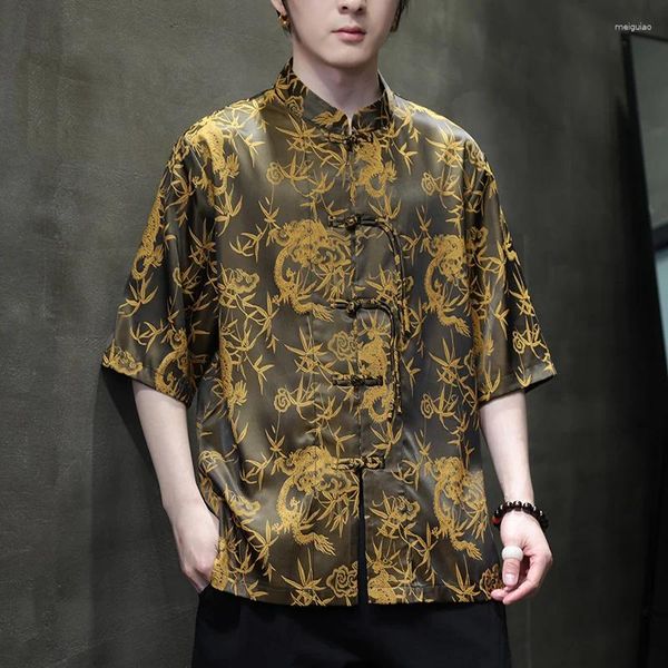 Roupas étnicas verão gelo de seda de seda curta estilo chinês Camisa de tang masculina tradicional hanfu mass jacquard bandeja botão solto