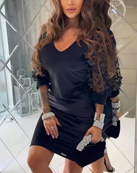 Vestidos casuais moda 2024 para mulheres elegantes decote em vil de borboleta padrão de malha de veludo de três quartos manga uma linha mini vestido