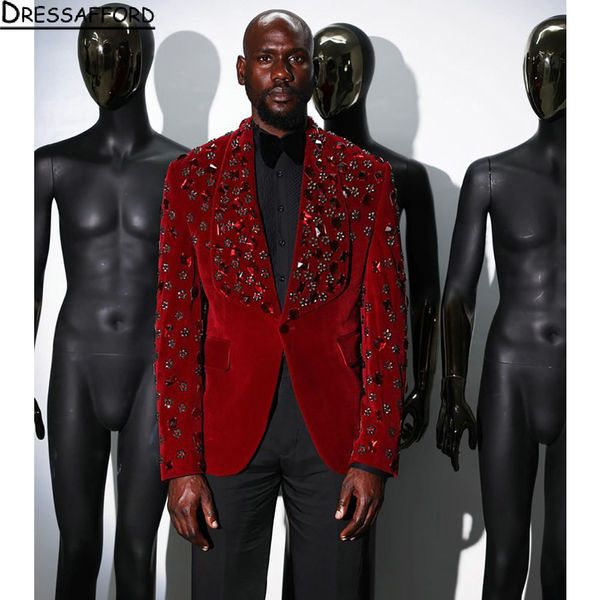 Red Crystal Diamonds Men Suits Groom Wedding Tuxedos 2 Peças Sets Dinner Prom Blazers Terno Masculino Concluir