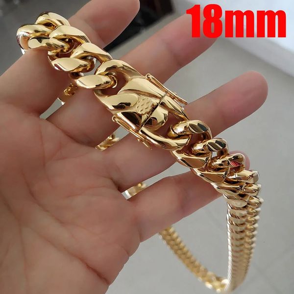 1416182022mm übergroße Edelstahl Bling Miami Curb Cuban Chain Halsketten Gussschloss Armband Hip Hop 18 K Schmuck 240417